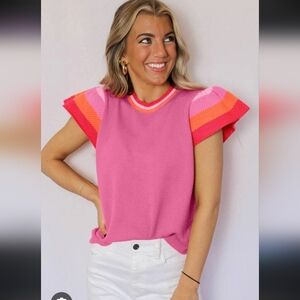 Contrast Flutter Sleeves Knitted Sweater Blouse